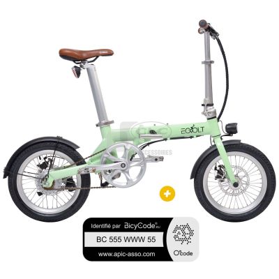 Pack Vélo à assistance électrique pliant 16'' City rétro vert + Marquage BicyCode